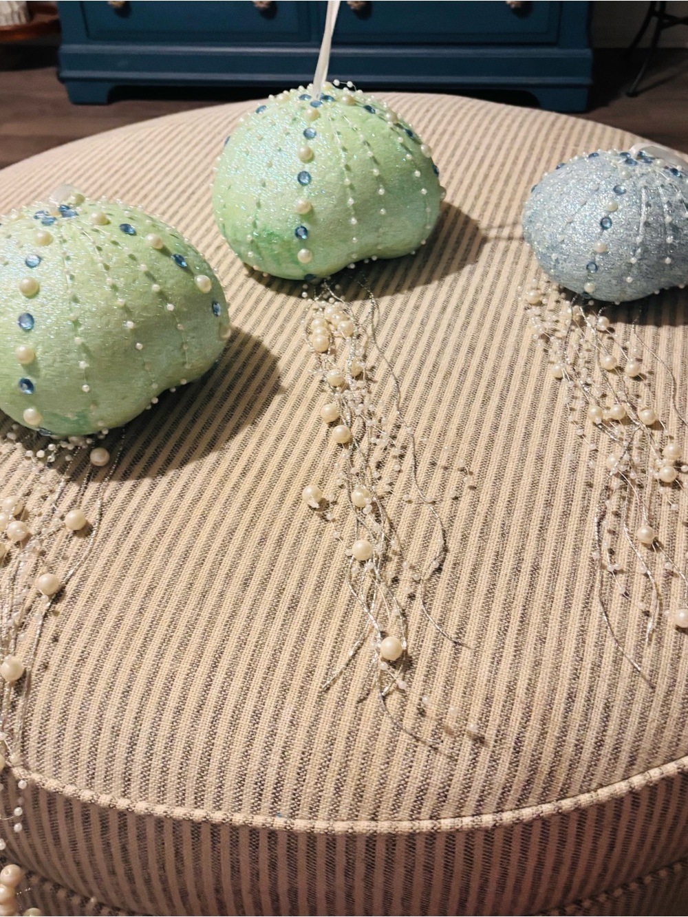Decorative Beaded Sea Urchin jelly fish Accent Ornaments - Green and Blue